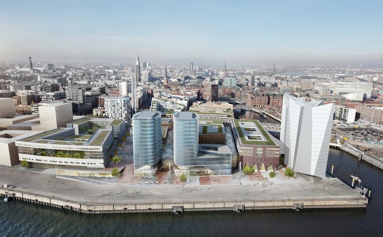 The southern Überseequartier is embedded in HafenCity Hamburg,