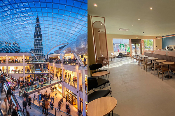 Trinity Leeds, Epsom (left), Starbucks at Caledonia Park (right) /// credit: Landsec (left), Aver (right)