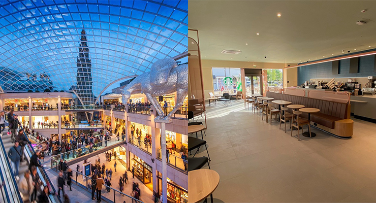 Trinity Leeds, Epsom (left), Starbucks at Caledonia Park (right) /// credit: Landsec (left), Aver (right)