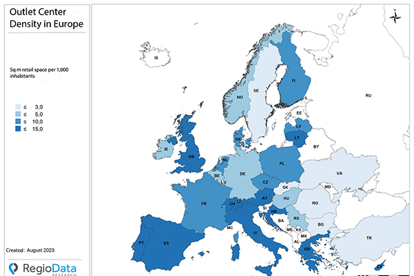 Sq m retail space per 1,000 inhabitants in Europe. /// credit: Regio Data Research GmbH
