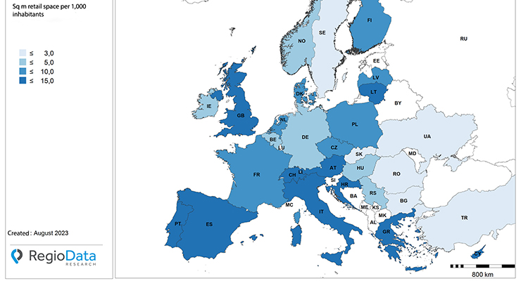 Sq m retail space per 1,000 inhabitants in Europe. /// credit: Regio Data Research GmbH
