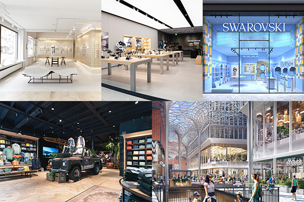 New brands at Westfield Hamburg-Überseequartier include (from left to right) VIU, DJI, Swarovski, New Zealand Auckland, and many more. /// credit: VIU, URW, Swarovski, NZA, Saguez & Partners