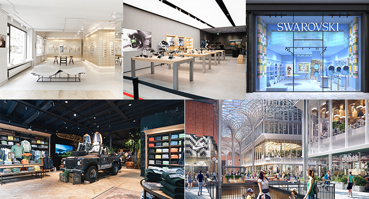 New brands at Westfield Hamburg-Überseequartier include (from left to right) VIU, DJI, Swarovski, New Zealand Auckland, and many more. /// credit: VIU, URW, Swarovski, NZA, Saguez & Partners