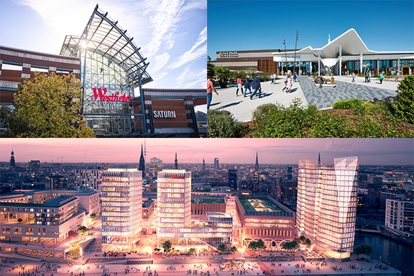 Westfield Centro (left), Ruhr Park (right), and Hamburg Überseequartier. /// credit: URW, Oliver Blobel, D. Schäfer, moka studio