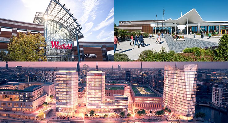 Westfield Centro (left), Ruhr Park (right), and Hamburg Überseequartier. /// credit: URW, Oliver Blobel, D. Schäfer, moka studio