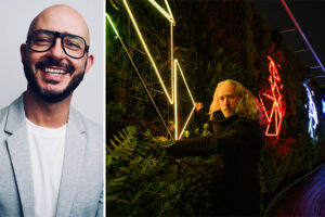 Gilbert Menassa, Global Head of Strategic Communications at MK Illumination (left), Angelo Bonello presenting TESSELLIS at Westfield London (right). /// credit: Charles Emerson, MK Illumination