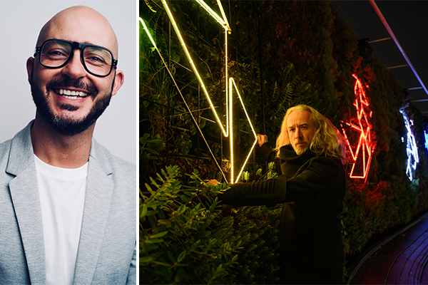 Gilbert Menassa, Global Head of Strategic Communications at MK Illumination (left), Angelo Bonello presenting TESSELLIS at Westfield London (right). /// credit: Charles Emerson, MK Illumination