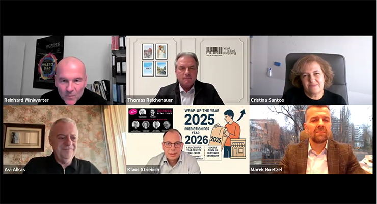 Industry leaders at the ACROSS Retail Talk. Clockwise, from top left: Reinhard Winiwarter (ACROSS), Thomas Reichenauer (ROS Retail Outlet Shopping / FREY Group), Cristina Santos (Sonae Sierra), Marek Noetzel (NEPI Rockcastle), Klaus Striebich (RaRE Advise) and Avi Alkaş (Alkaş & HAN Spaces)